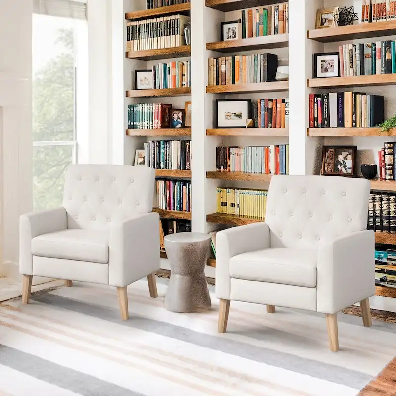 LUE BONA Modern Upholstered Accent Chair Linen Fabric Button Tufted Armchair with Solid Wood Frame - 28.5 W X 27.25 D X 33.75 H