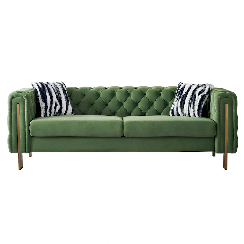 84.25 Luxurious Tufted Velvet Upholstered 3-Seater Sofa with Golden Metal Armrest Design and Buttoned Tufted Backrest