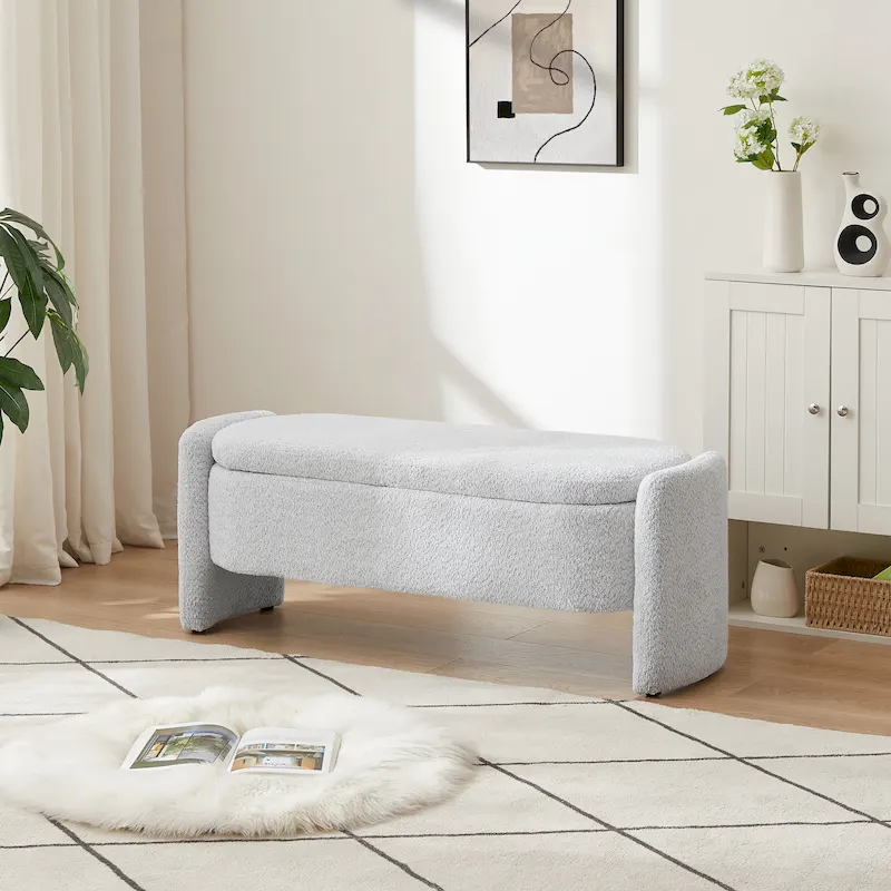 3D Lamb Fleece Fabric Storage Bench with Arc-shaped Sides