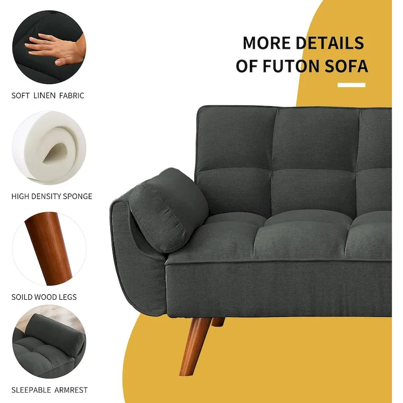75.39 IN. Futon Sofa Bed, Convertible Upholstered Couch Sleeper with Reclining Sleeper Split Tufted Back
