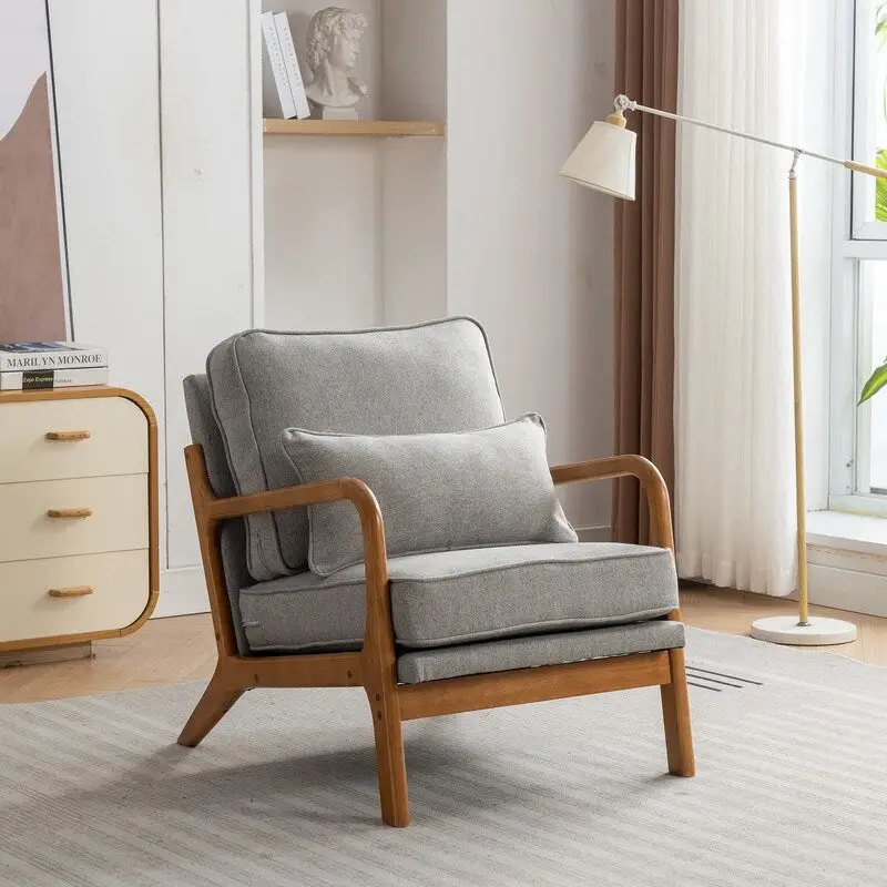 SEYNAR Mid Century Boucle Uplostered Soild Wood Accent Armchair with Pillow