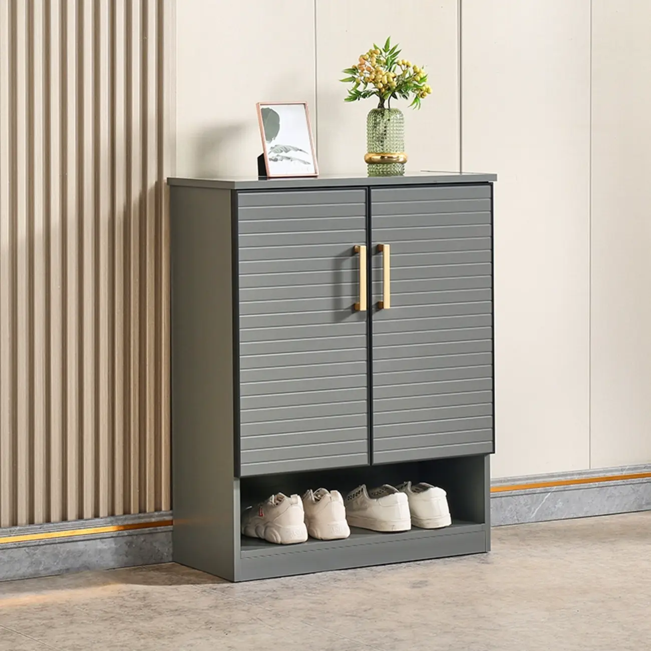 Metal Grey Shoe Cabinet with Open Bottom Shelf