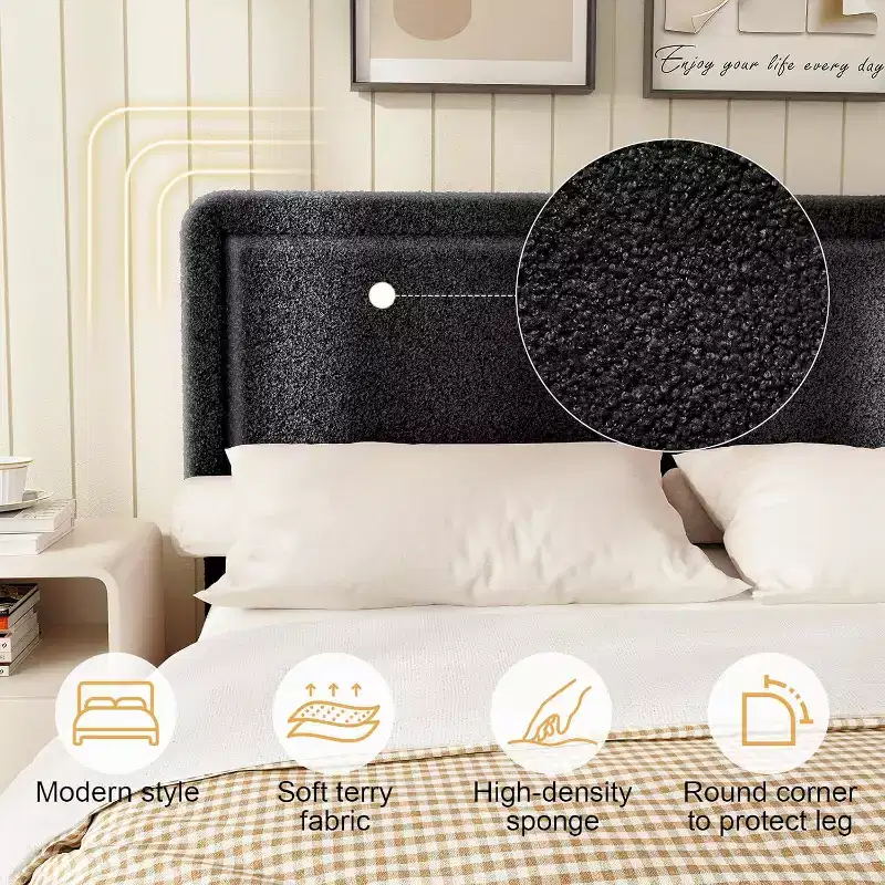 Dyonery Boucle Bed Frame,Black Upholstered Teddy Fabric Bed Frame with Headboard,No Box Spring Required, Adjustable Headboard, Easy Assembly