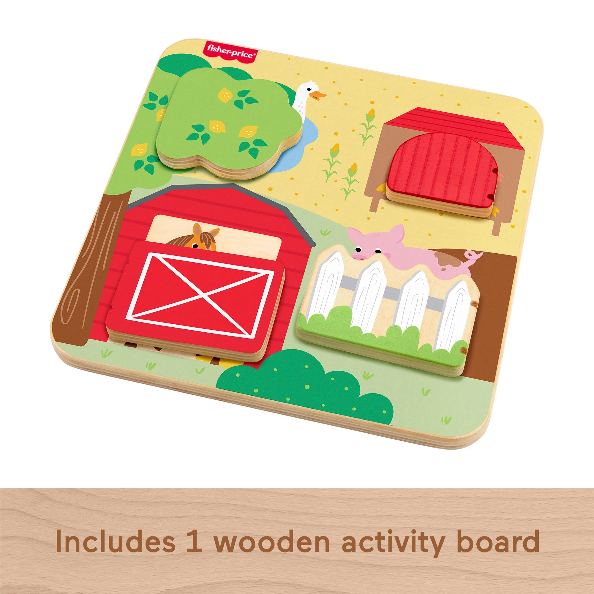 Fisher-Price Wooden Farm Animal Board Busy Activity Toy For Baby & Toddler, 1 Wood Piece