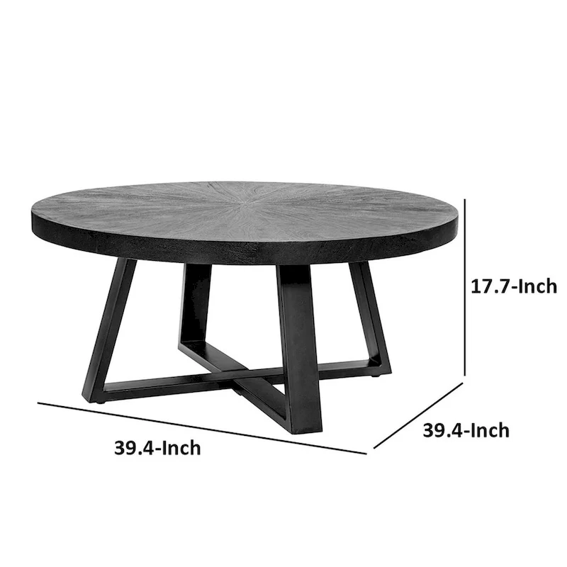 39 Inch Round Coffee Table, Cross Legs Design, Black Acacia Wood, Iron