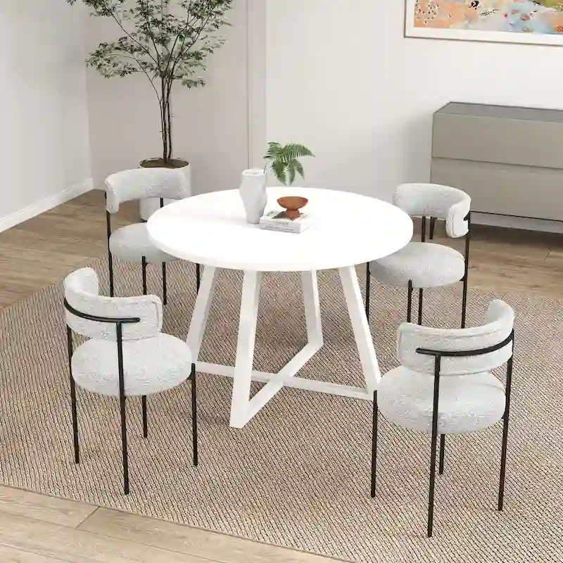 5-Piece Round Dining Set, Trestle Dining Table with 4 Boucle Chairs