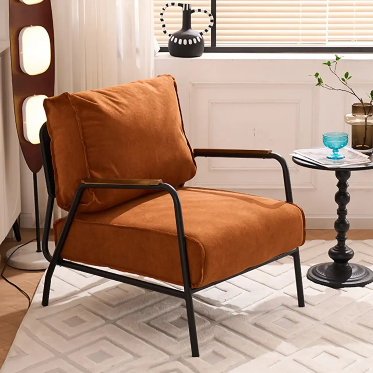Modern Leather Accent Chair with Pillow and Metal Arms