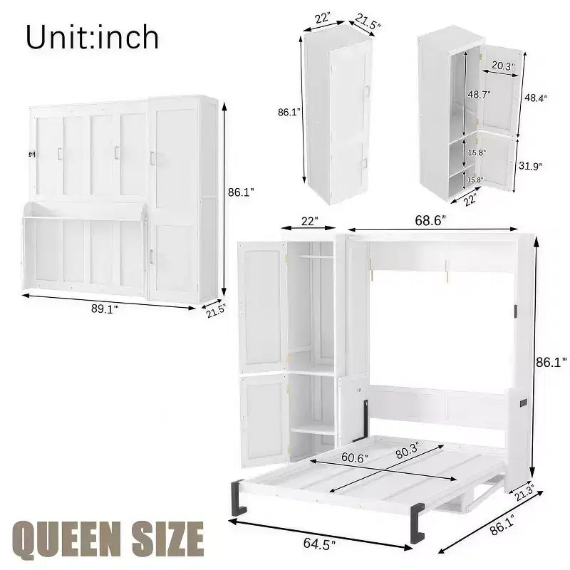 White Queen Murphy Bed with Wardrobe & Desk, 2–3 Person Assembly