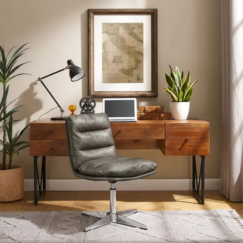 Art Leon Mid-Century Modern Genuine Leather Home Office Desk Chair
