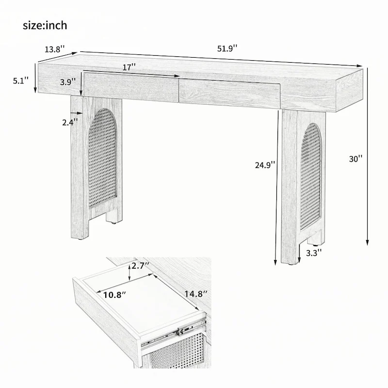 Narrow Console Table with Rattan Accent(Antique Black)