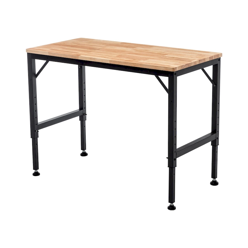 Industrial Workbench Desk with Adjustable Height and Wood Top and 4 Metal Feet for Garage and Workshop or Home Use