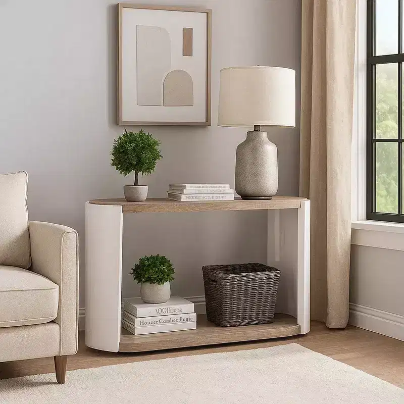 Royal Hampton Sofa Console Table, White High Gloss Wood, Brown, Oval 47 Inch