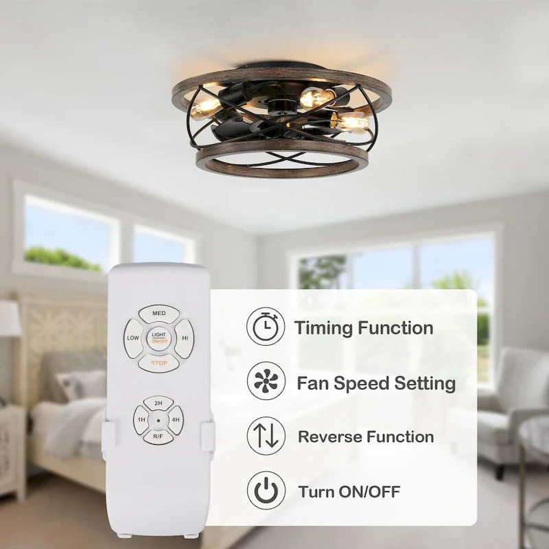 CurveCurio 18  Drum Farmhouse Wood Ceiling Fan, Wood Fan Light with Metal Accents, 4 Light 3 Fan Speed w Remote Control