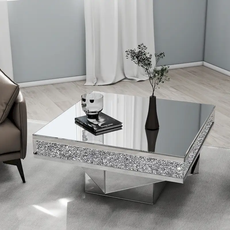 Glam Triple Mirror Diamond Coffee Table Accent Table