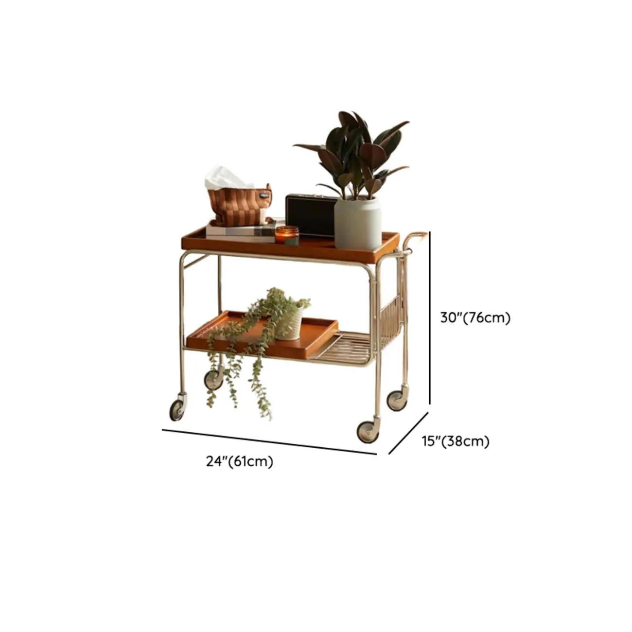 Brown Modern 2-Shelf Wood Rectangular Rolling Side Table