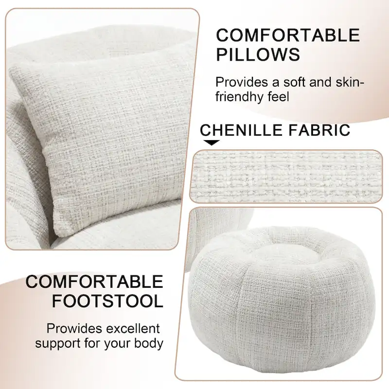 HOMEFUN Chenille Upholstered Round Lazy Cozy Bean Bag Chair with Ottoman and a Pillow
