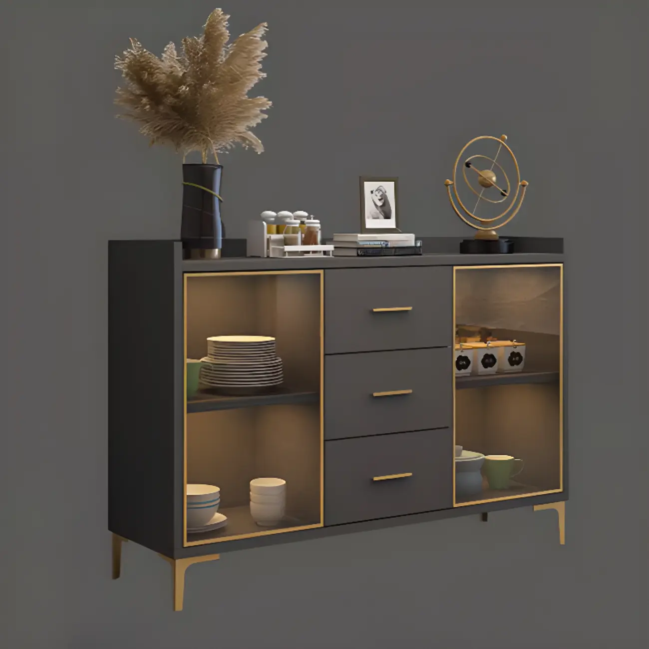 Trendy 6 Drawers White/Black Kitchen Cabinets with Metal Foot