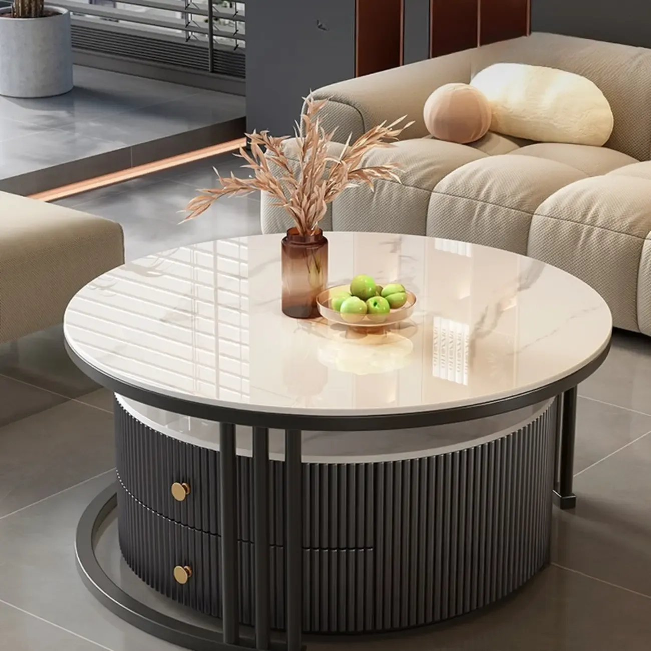Modern White Round Nesting Coffee Table Set with Steel Base