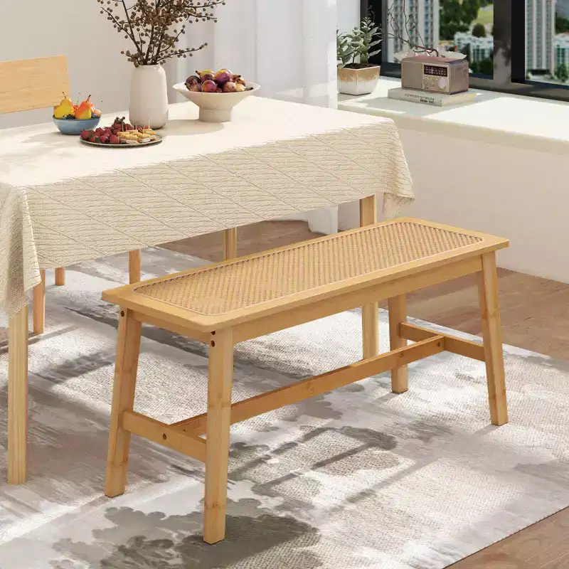 Costway 39.5 Bamboo Dining Bench with Handwoven Rattan Seat, Wooden Entryway Bench
