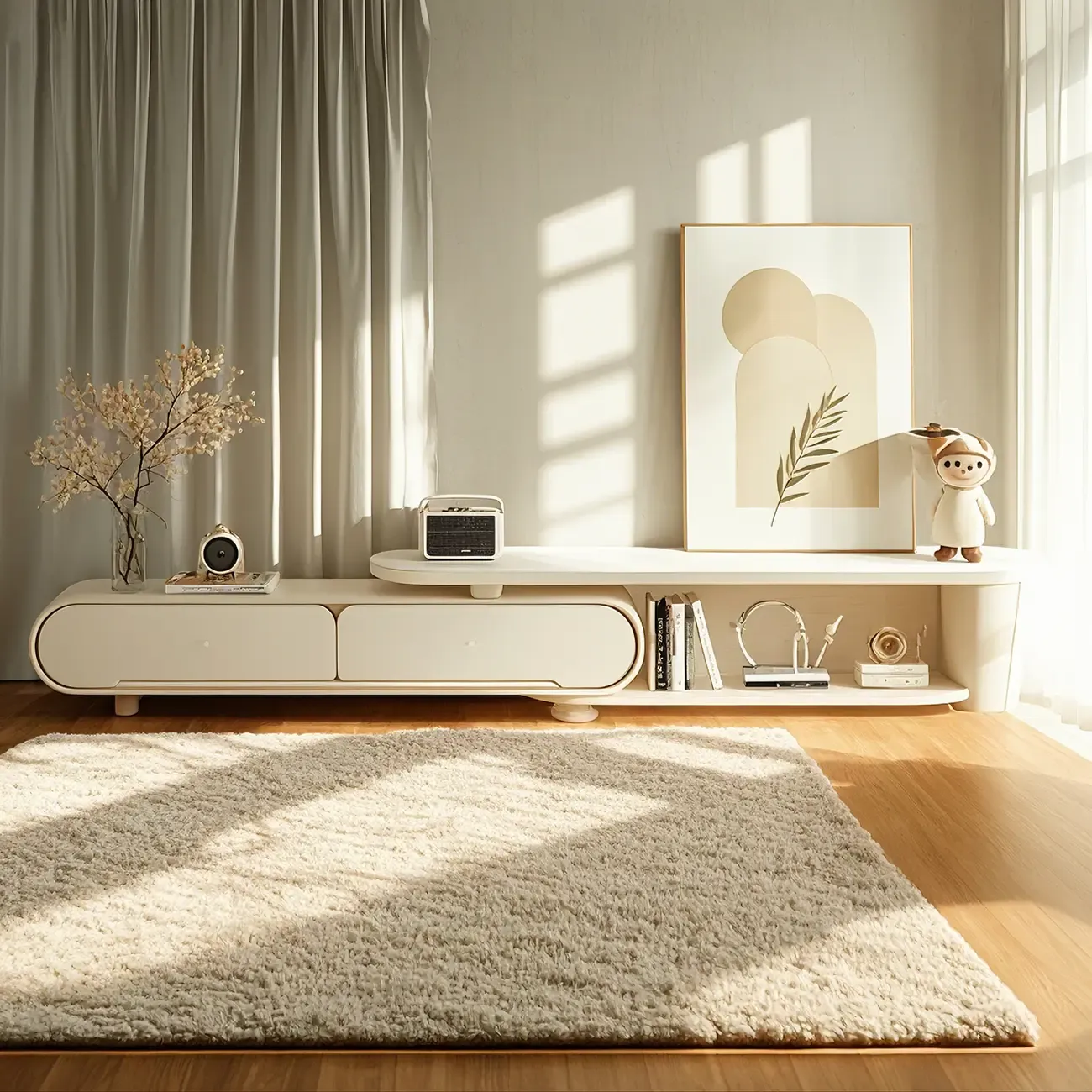 77 White Modern Long Stone Curved Open Storage TV Stand