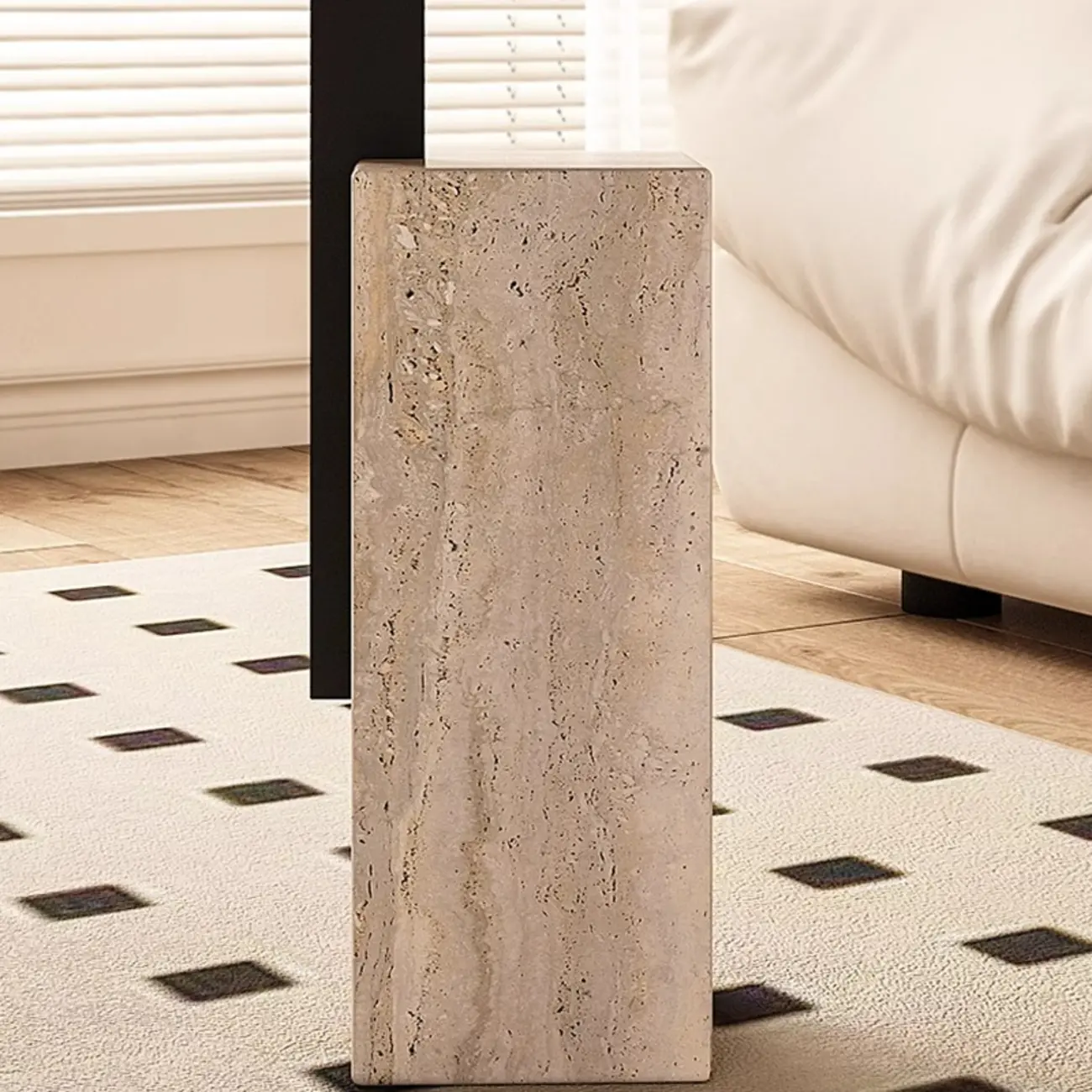 Modish Travertine Pedestal Metal Square Side Table