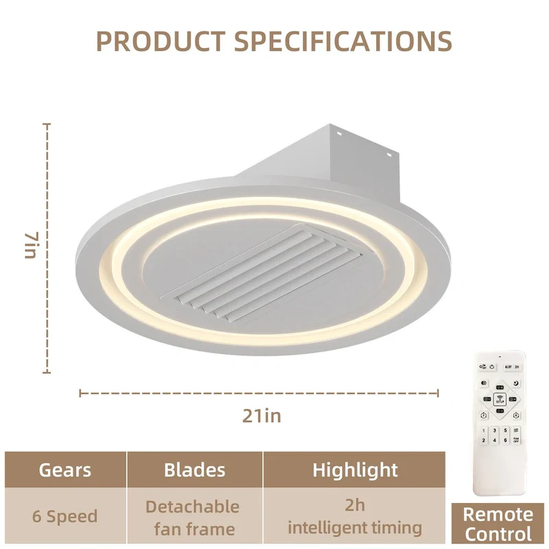 Cusp Barn 22-Inch Modern White Leafless LED Ceiling Fan with Light, 6-Speed Reversible Ceiling Fan Light with Remote Control