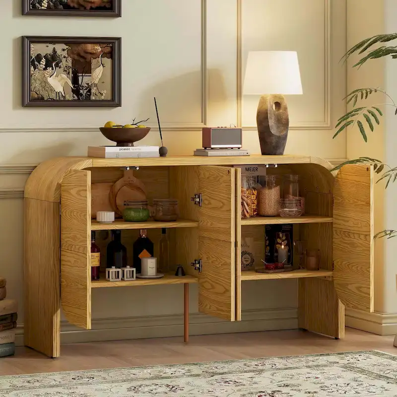 Wooden Sideboard Buffet Cabinet with Curvy Edge & Adjustable Shelves