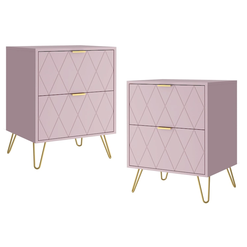 Set of 2 Nightstand 2 Drawer End Side Table Bedside Metal Legs Modern Bedroom Living Room