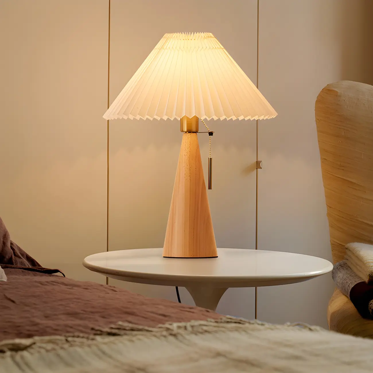 Modern Remote Wood Cone Bedside Table Lamp LED & Fabric