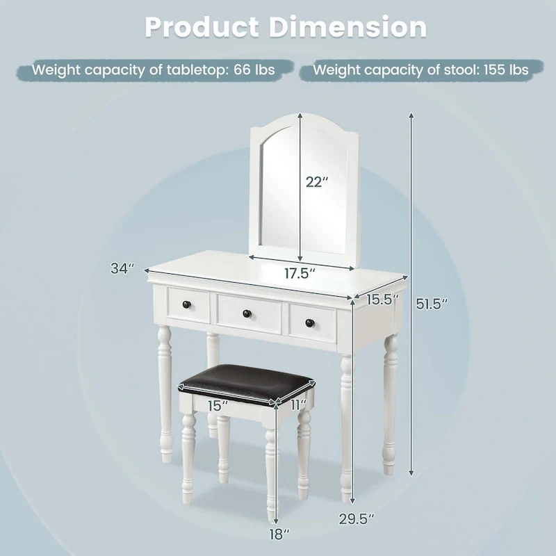 Costway Vanity Table Set Makeup Desk Cushioned Stool 3 Drawer Large - See Details