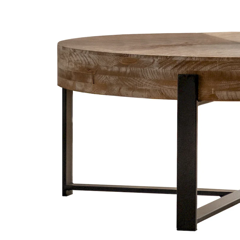 31.29Modern Retro Splicing Round Coffee Table , Fir Wood Table Top with Cross Legs Metal Base