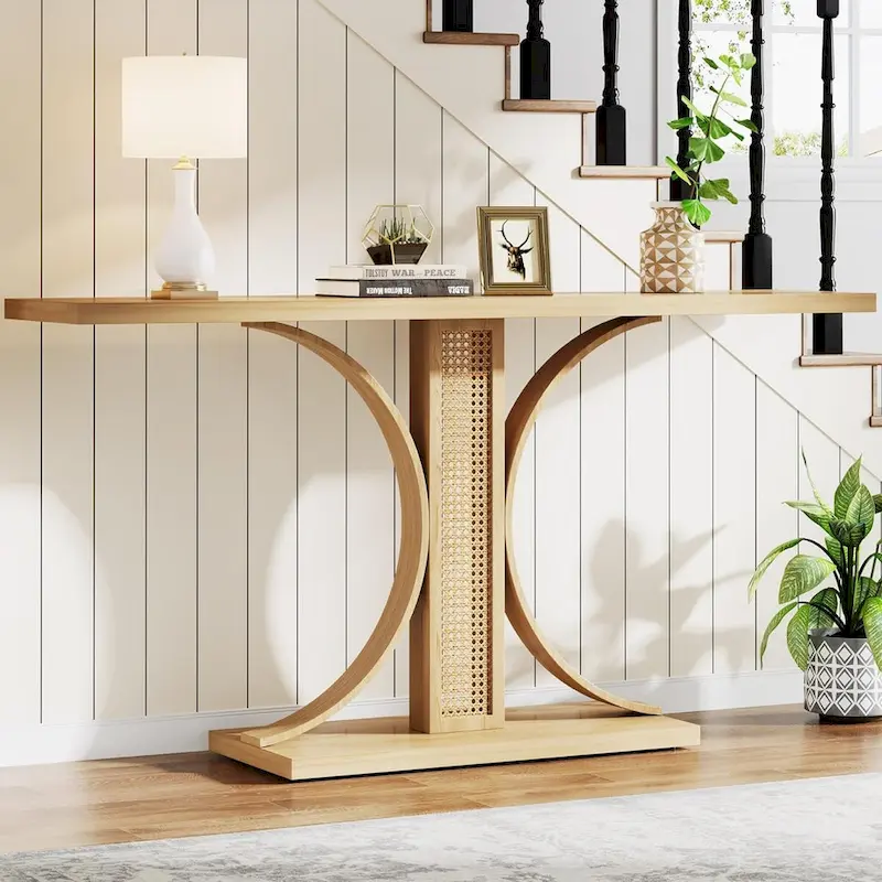 55 Inches Rattan Console Table, Farmhouse Hallway Table Entryway Table