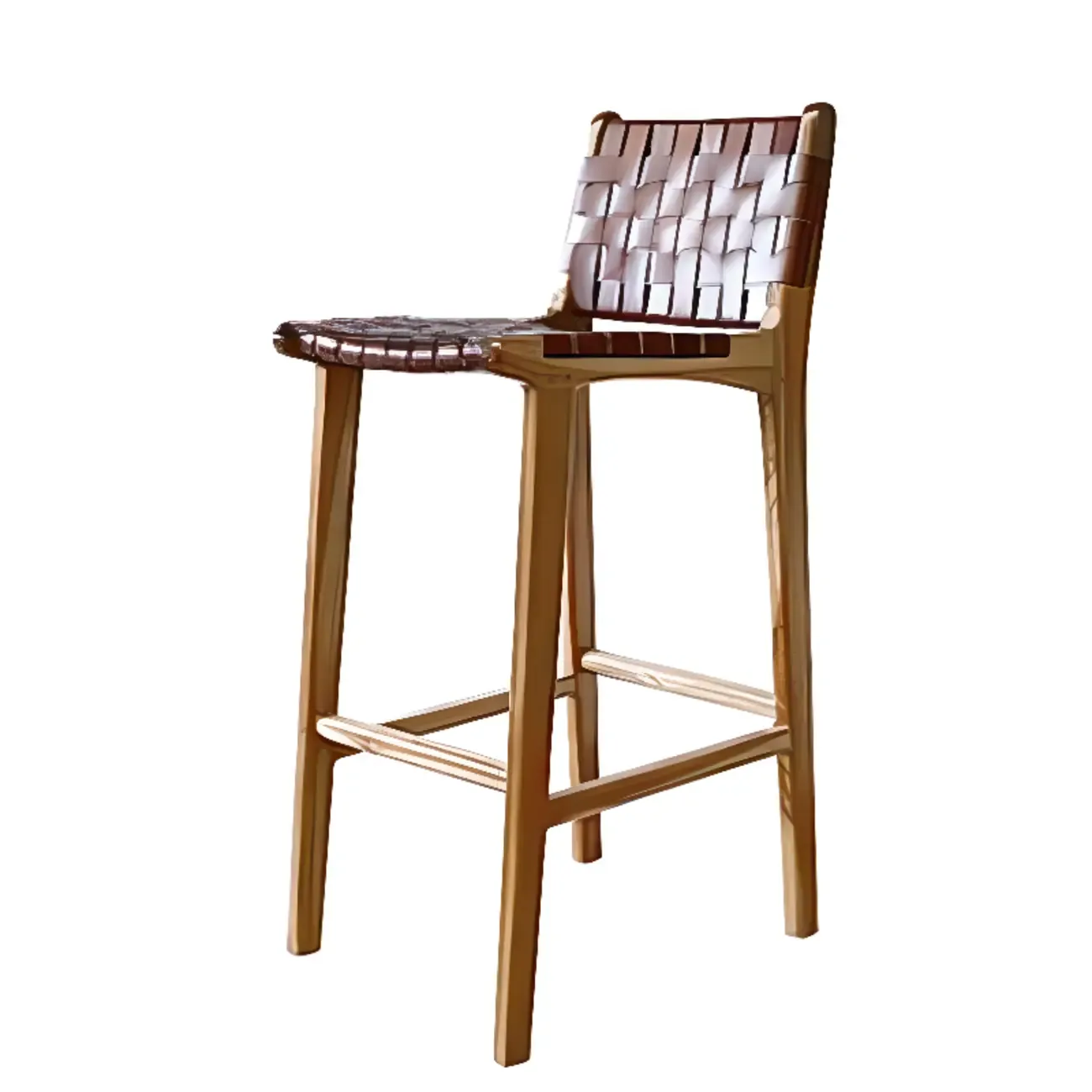 Rustic Faux Leather Wooden Woven Bar Stool
