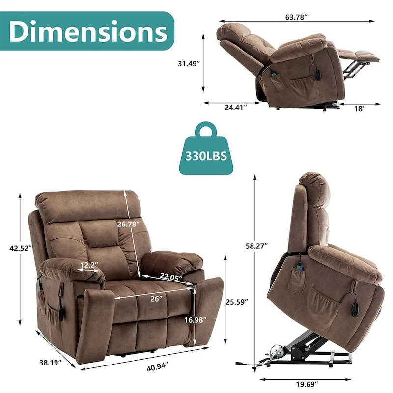 Power Lift Recliner, Massage & Heat, Velvet, 8-Point Massage, Cup Holder, Reclines 160°, Seats 1, Light/Dark Brown