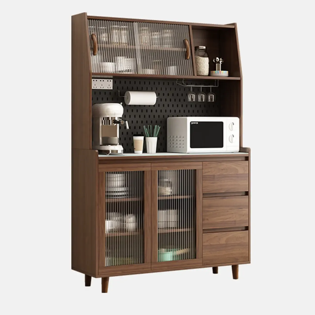 Wide Brown Wooden Pegboard Back Sideboard with Hutch