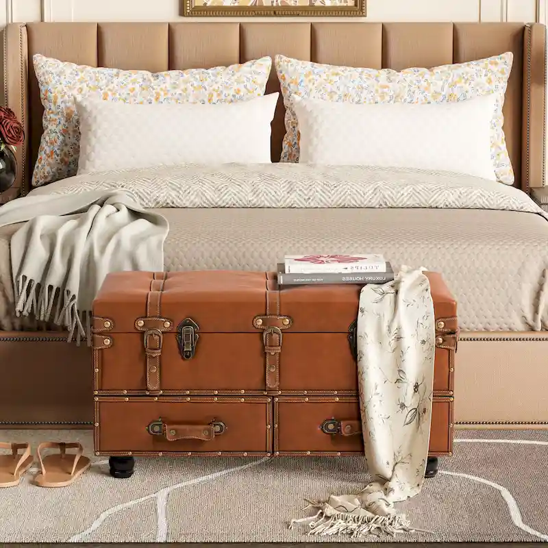 COZAYH Vintage Storage Ottoman Bench, Chest Cabinet with Latch Closure and Buckle for Bedroom Closet Home Organizer Decorative