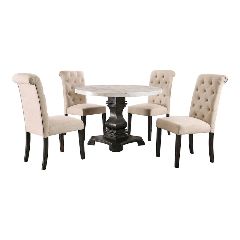 Brec Farmhouse Marble Top 5-Piece Round Dining Table Set with Tufted Chairs by Furniture of America