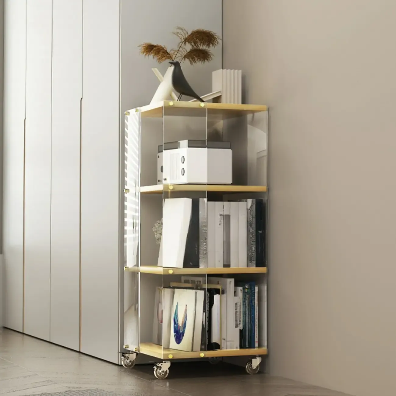 Acrylic 4-Tier Narrow Open Back Bookcase with Wheels