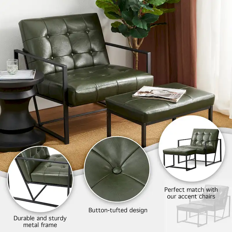 Glitzhome Modern PU Leather Tufted Accent Chair with Ottoman Set