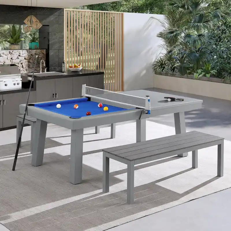Laguna Indoor/Outdoor 7ft Slate Pool Table Dining Set with 2 Benches & Accessories, Cement Finish