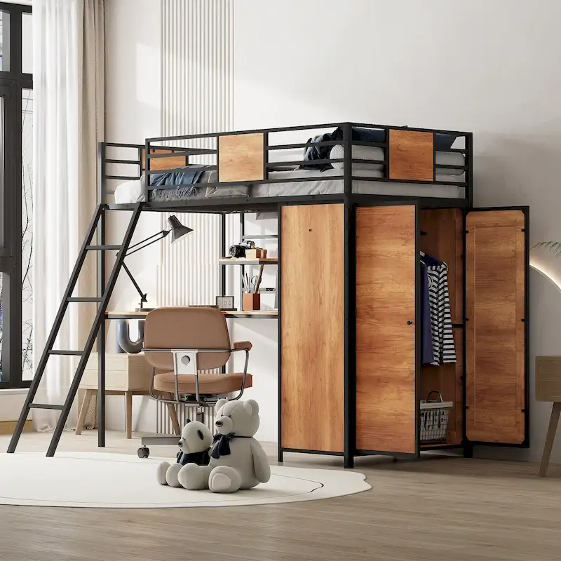 Twin Size Metal Wood Loft bed with L-shape Desk, Wardrobe, Fence and Ladder