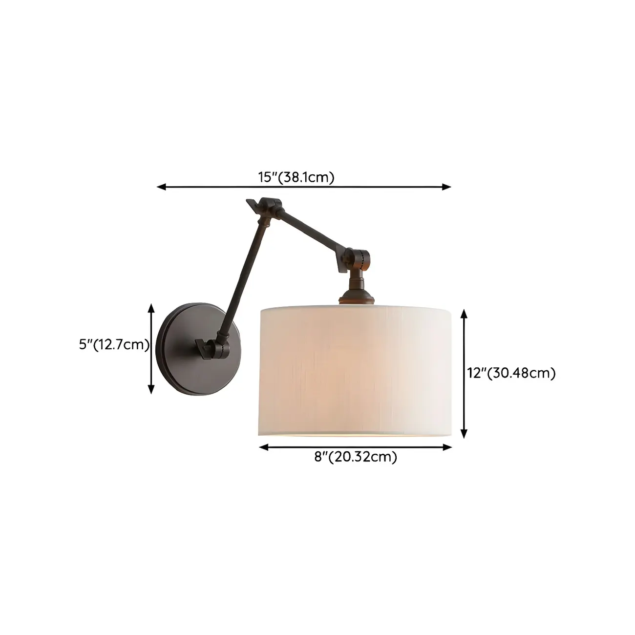 Black 1-Light Metal Swing Arm Wall Light with White Fabric Shade