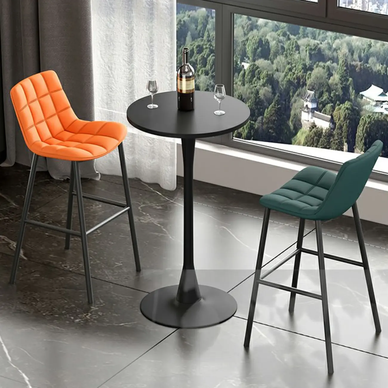 Modern Matte Black Metal Pedestal Round Wood Bar Tables