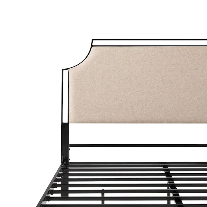 Queen Upholstered Curved Metal Bed Frame with Removable Headboard Insert – Grey / Tan, for 1–2 People