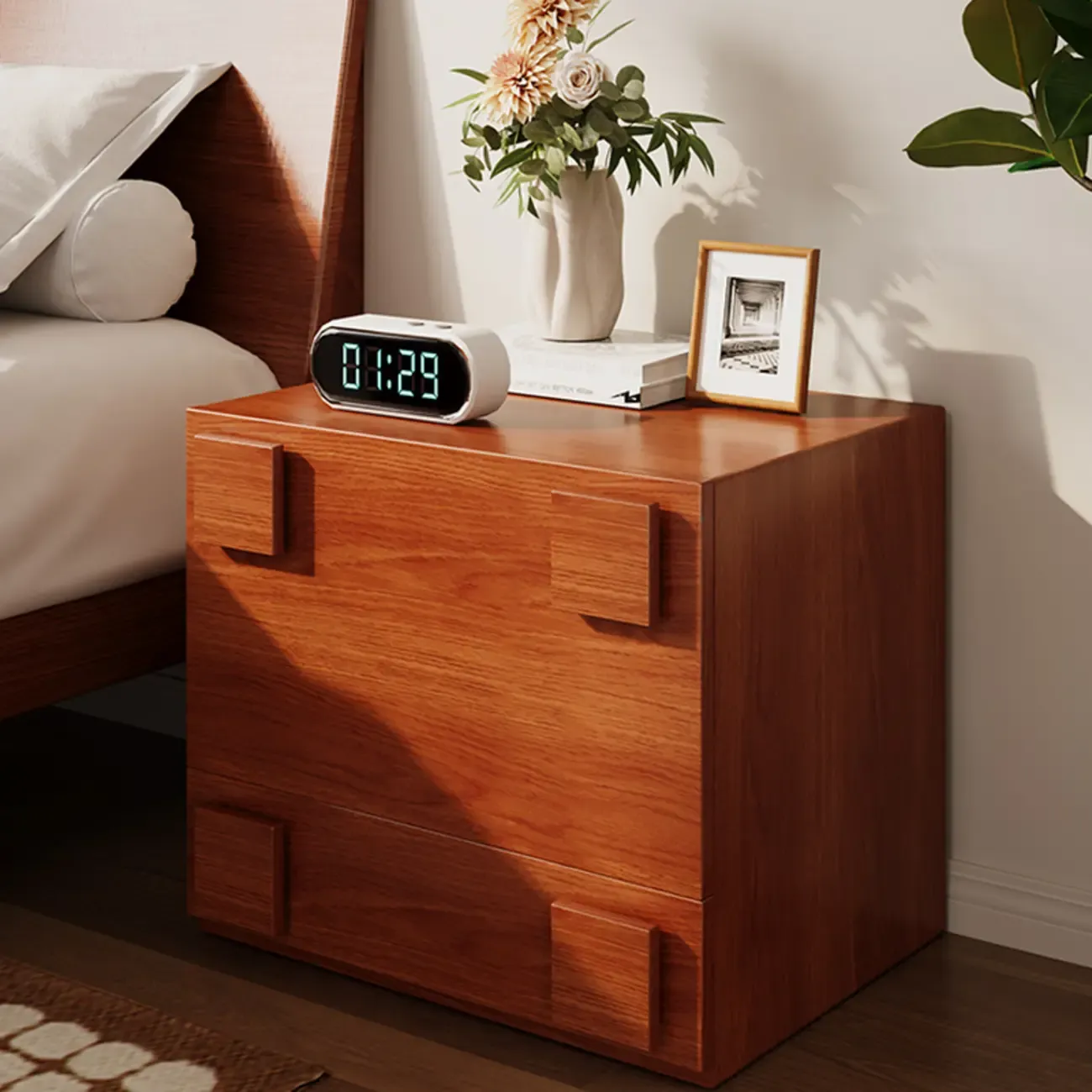 Cubical Solid Wood Double Drawer Nightstand in Nut-Brown