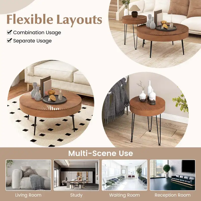 Costway Farmhouse Round CoffeeTable Set of 2 End Table Natural Finish - See Details