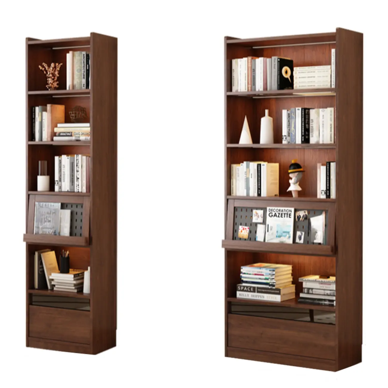 Mid Centyury Tall Brown Vertical Wood Bookcase with Drawers