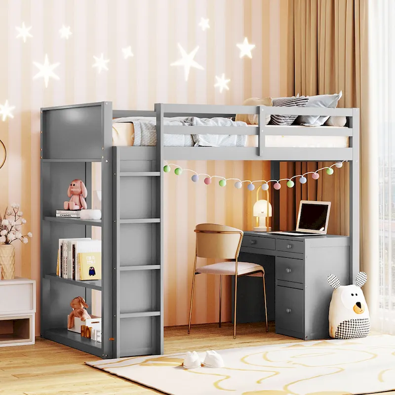 Twin Size Loft Bed with Desk, 4 Drawers, Shelves and Ladder