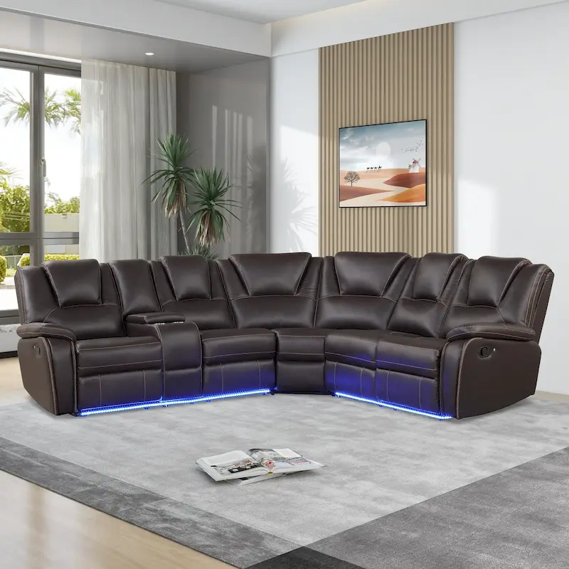 Modern Faux Leather Manual Reclining with Center Console with LED Light Strip,Living Room Furniture Set,PU Symmetrical Couch
