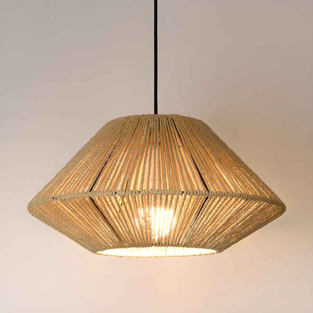 Adjustable Oriental Rattan & Metal Beige Pendant Light